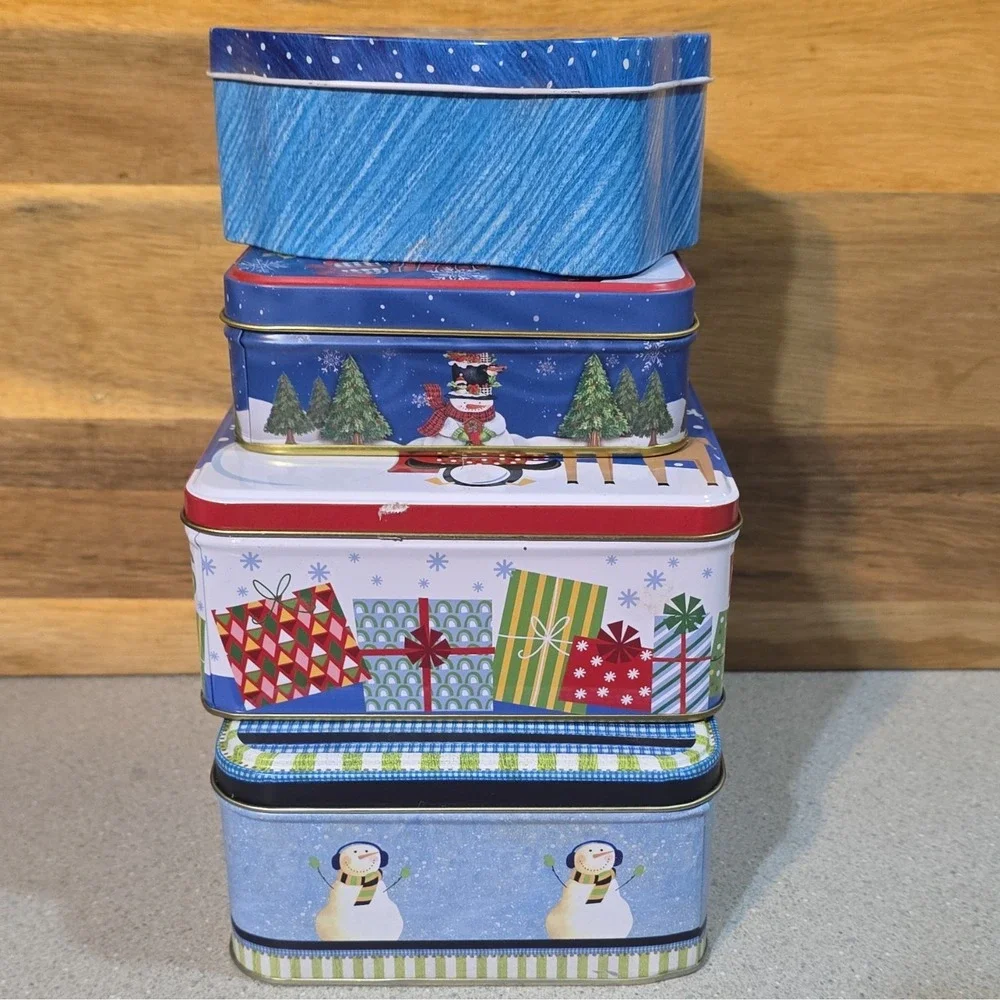 Set of 4 Christmas Snowman Tin Boxes, Rectangle, Square, Bell, Lids Included,